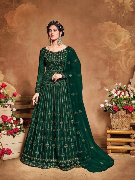 Myra Deep Green Butterfly Net Embroidered Anarkali Suit | Grocsy