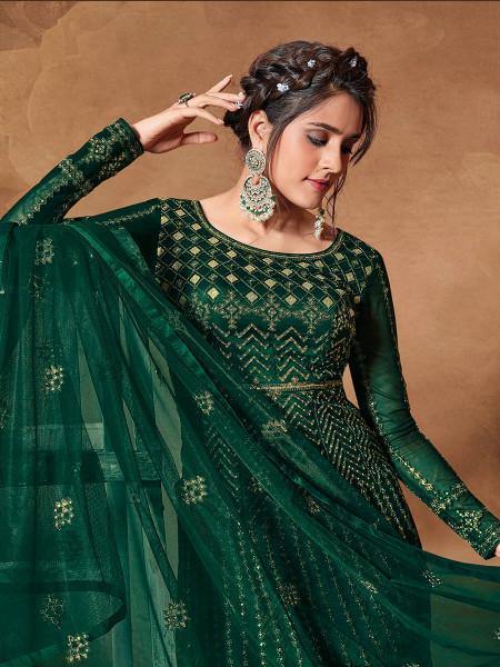 Myra Deep Green Butterfly Net Embroidered Anarkali Suit | Grocsy