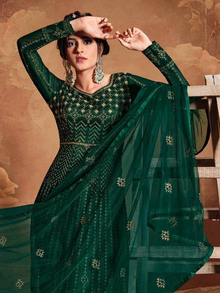 Myra Deep Green Butterfly Net Embroidered Anarkali Suit | Grocsy