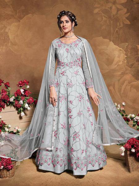 Myra Light Grey Butterfly Net Embroidered Anarkali Suit | Grocsy