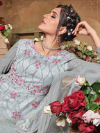 Myra Light Grey Butterfly Net Embroidered Anarkali Suit | Grocsy