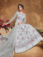 Myra Light Grey Butterfly Net Embroidered Anarkali Suit | Grocsy