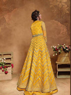 Myra Mustard Yellow Butterfly Net Embroidered Anarkali Suit | Grocsy