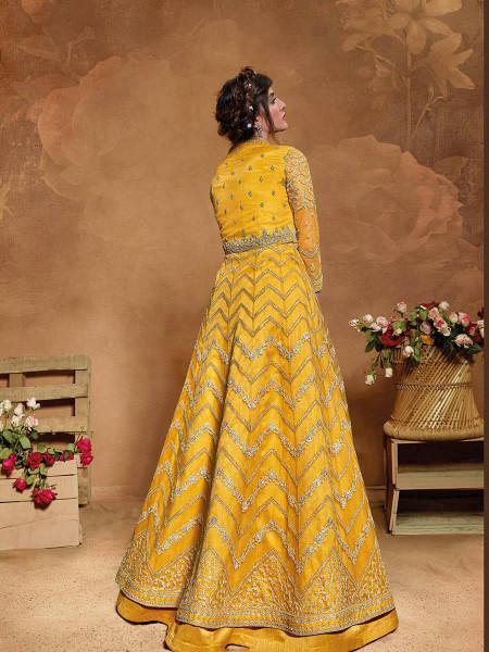 Myra Mustard Yellow Butterfly Net Embroidered Anarkali Suit | Grocsy