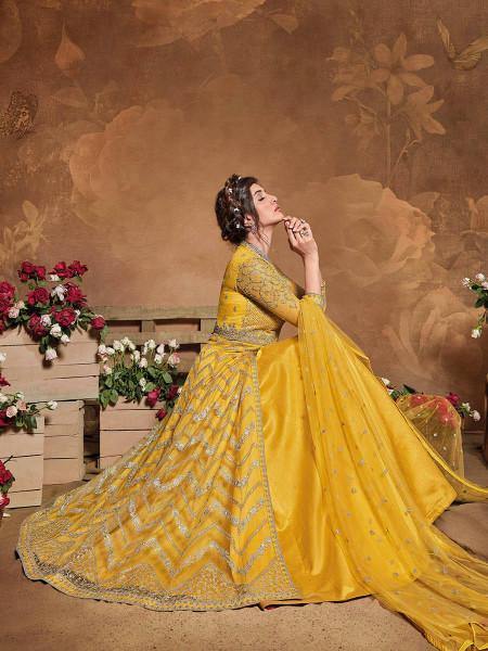 Myra Mustard Yellow Butterfly Net Embroidered Anarkali Suit | Grocsy