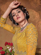 Myra Mustard Yellow Butterfly Net Embroidered Anarkali Suit | Grocsy