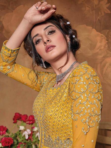Myra Mustard Yellow Butterfly Net Embroidered Anarkali Suit | Grocsy