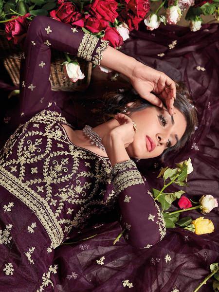Myra Purple Butterfly Net Embroidered Anarkali Suit | Grocsy