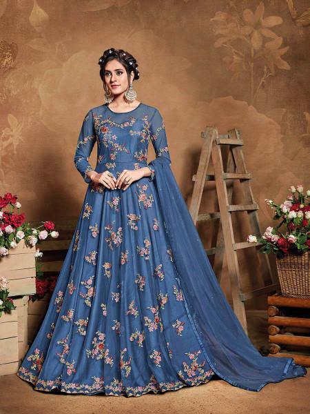 Myra Royal Blue Butterfly Net Embroidered Anarkali Suit | Grocsy