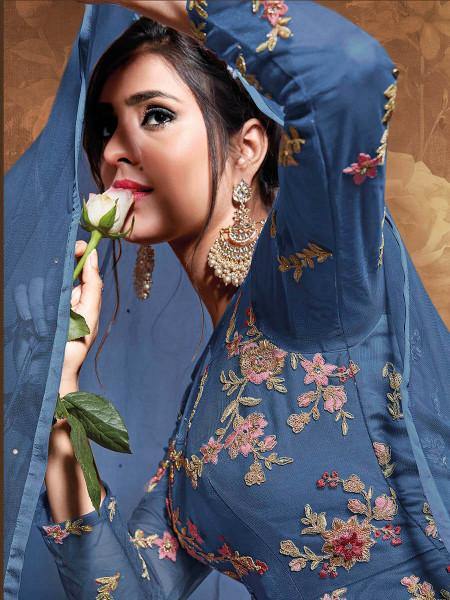 Myra Royal Blue Butterfly Net Embroidered Anarkali Suit | Grocsy