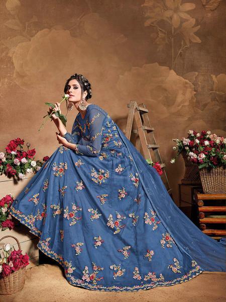 Myra Royal Blue Butterfly Net Embroidered Anarkali Suit | Grocsy
