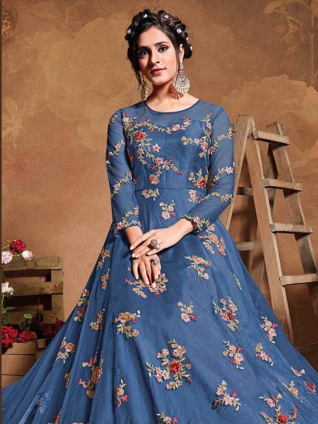Myra Royal Blue Butterfly Net Embroidered Anarkali Suit | Grocsy