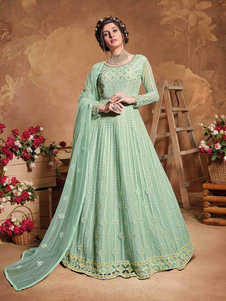 Myra Pastel Green Butterfly Net Embroidered Anarkali Suit | Grocsy