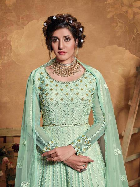 Myra Pastel Green Butterfly Net Embroidered Anarkali Suit | Grocsy