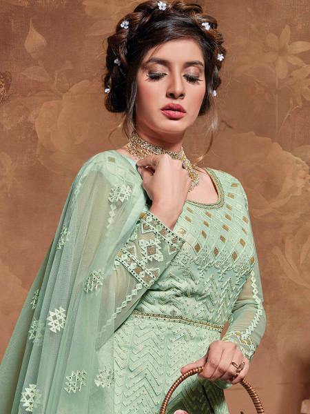 Myra Pastel Green Butterfly Net Embroidered Anarkali Suit | Grocsy