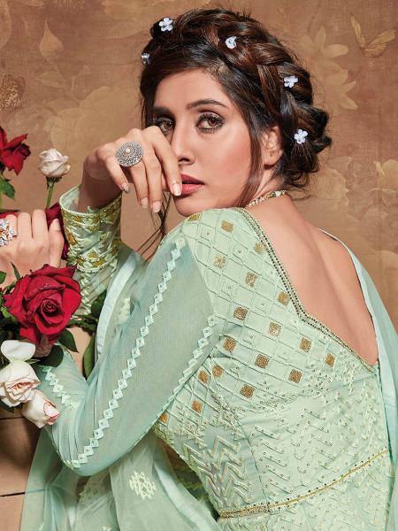 Myra Pastel Green Butterfly Net Embroidered Anarkali Suit | Grocsy