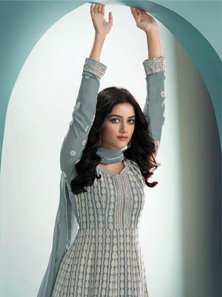 Myra Dusty Grey Real Georgette with Luckhnavi work Anarkali Suit | Grocsy