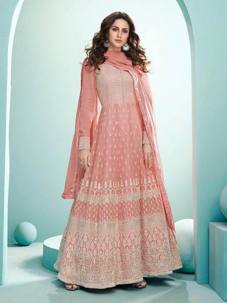 Myra Peach Real Georgette with Luckhnavi work Anarkali Suit | Grocsy