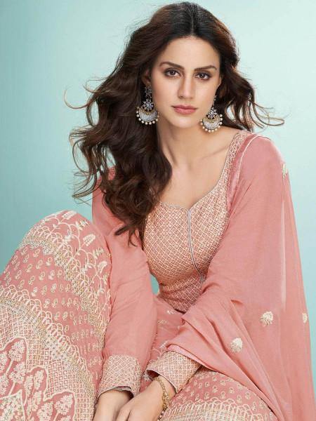 Myra Peach Real Georgette with Luckhnavi work Anarkali Suit | Grocsy