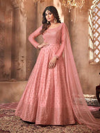 Myra Beautiful Dusty Pink Butterfly Net Embroidered Anarkali Suit | Grocsy