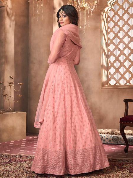 Myra Beautiful Dusty Pink Butterfly Net Embroidered Anarkali Suit | Grocsy