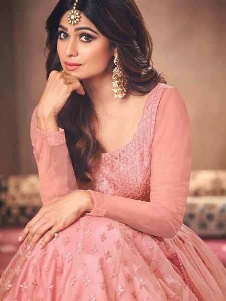 Myra Beautiful Dusty Pink Butterfly Net Embroidered Anarkali Suit | Grocsy