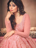 Myra Beautiful Dusty Pink Butterfly Net Embroidered Anarkali Suit | Grocsy