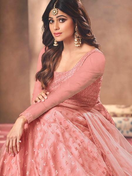 Myra Beautiful Dusty Pink Butterfly Net Embroidered Anarkali Suit | Grocsy