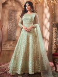 Myra Beautiful Pastel Green Butterfly Net Embroidered Anarkali Suit | Grocsy