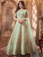 Myra Beautiful Pastel Green Butterfly Net Embroidered Anarkali Suit | Grocsy