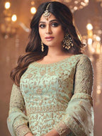 Myra Beautiful Pastel Green Butterfly Net Embroidered Anarkali Suit | Grocsy