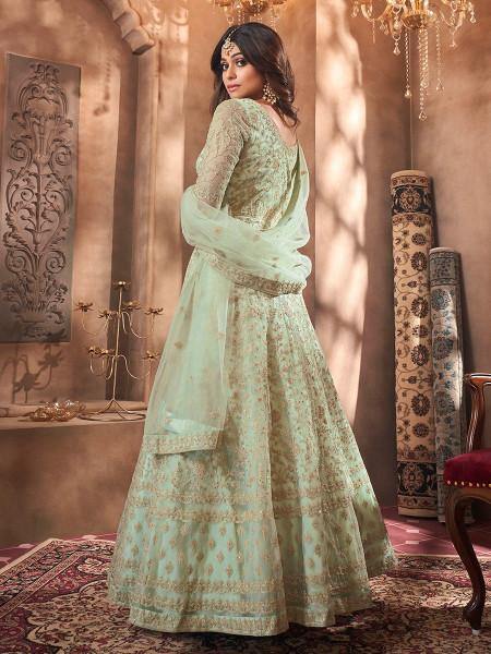 Myra Beautiful Pastel Green Butterfly Net Embroidered Anarkali Suit | Grocsy