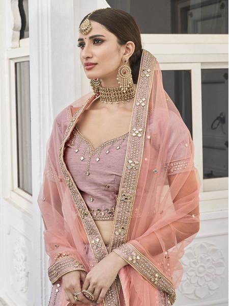 Myra Rose Pink Heavy Embroidered Silk Bridal Lehenga | Grocsy
