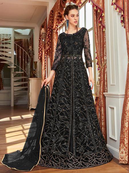 Myra Black Net Embroidered Gown | Grocsy