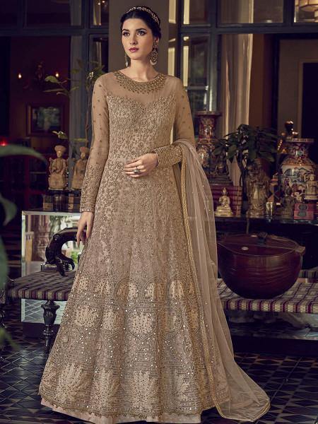 Myra Golden Cream Embroidered Butterfly Net Anarkali Suit | Grocsy