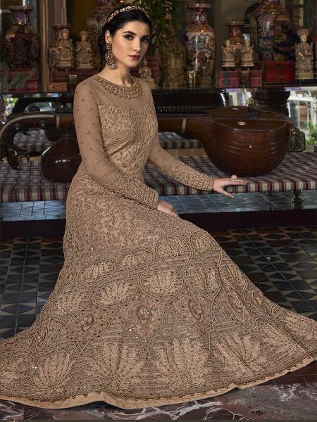 Myra Golden Cream Embroidered Butterfly Net Anarkali Suit | Grocsy