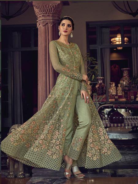 Myra Fashion Pista Embroidered Butterfly Net Anarkali Suit | Grocsy