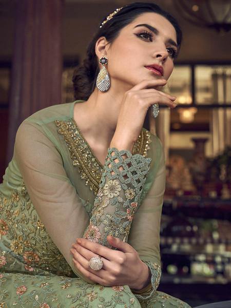 Myra Fashion Pista Embroidered Butterfly Net Anarkali Suit | Grocsy