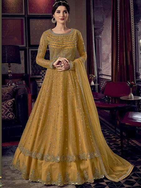 Myra Mustard Yellow Embroidered Butterfly Net Anarkali Suit | Grocsy