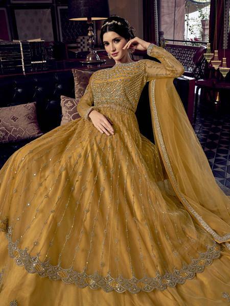 Myra Mustard Yellow Embroidered Butterfly Net Anarkali Suit | Grocsy
