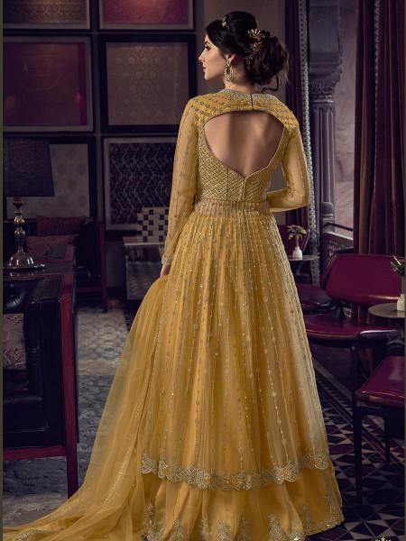 Myra Mustard Yellow Embroidered Butterfly Net Anarkali Suit | Grocsy