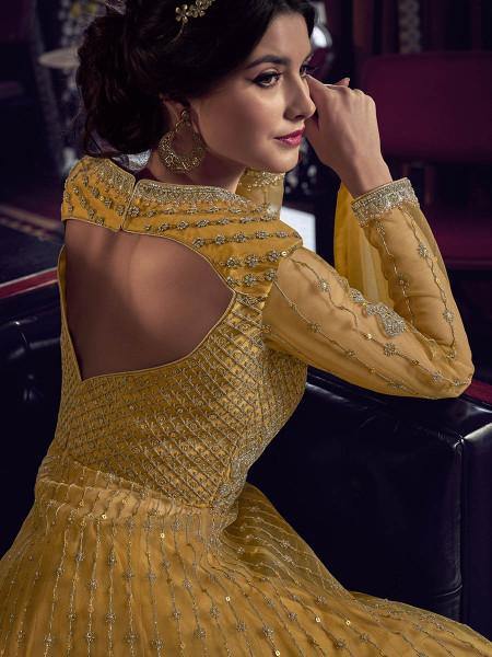 Myra Mustard Yellow Embroidered Butterfly Net Anarkali Suit | Grocsy