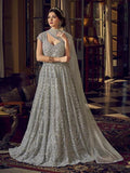 Myra Dusty Grey Embroidered Butterfly Net Anarkali Suit | Grocsy