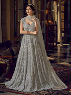 Myra Dusty Grey Embroidered Butterfly Net Anarkali Suit | Grocsy