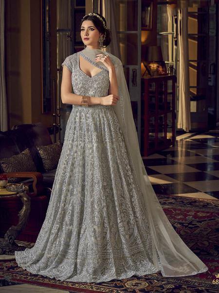 Myra Dusty Grey Embroidered Butterfly Net Anarkali Suit | Grocsy
