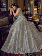 Myra Dusty Grey Embroidered Butterfly Net Anarkali Suit | Grocsy