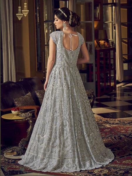Myra Dusty Grey Embroidered Butterfly Net Anarkali Suit | Grocsy