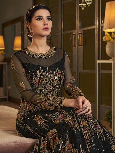 Myra Deep Green Embroidered butterfly net Anarkali Suit | Grocsy