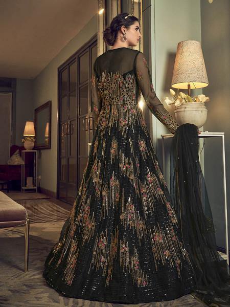 Myra Deep Green Embroidered butterfly net Anarkali Suit | Grocsy
