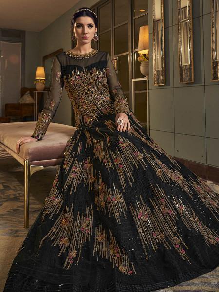 Myra Deep Green Embroidered butterfly net Anarkali Suit | Grocsy